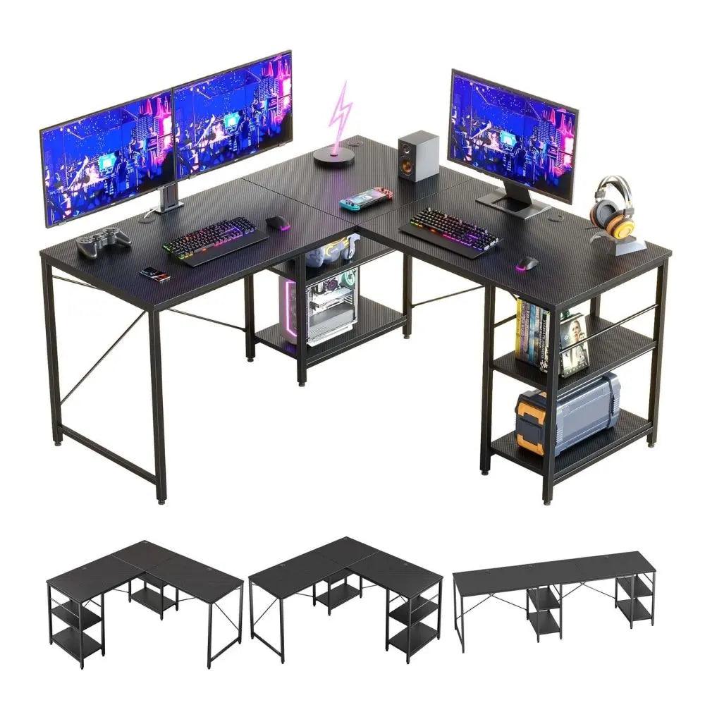 95.2 Inch Two Person L Shaped Reversible Computer Desk of Black Carbon Fiber