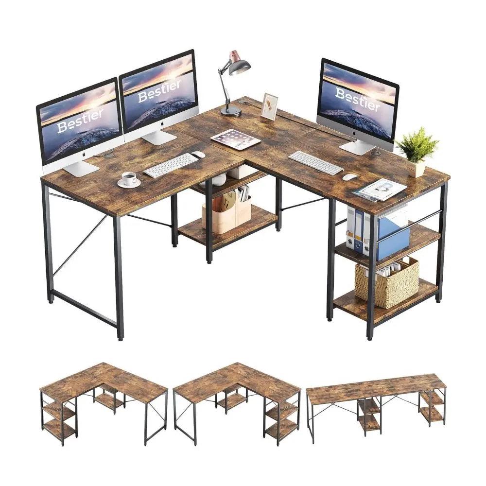 95.2'' Two Person L Shaped Desk of Rustic Brown with Shelves