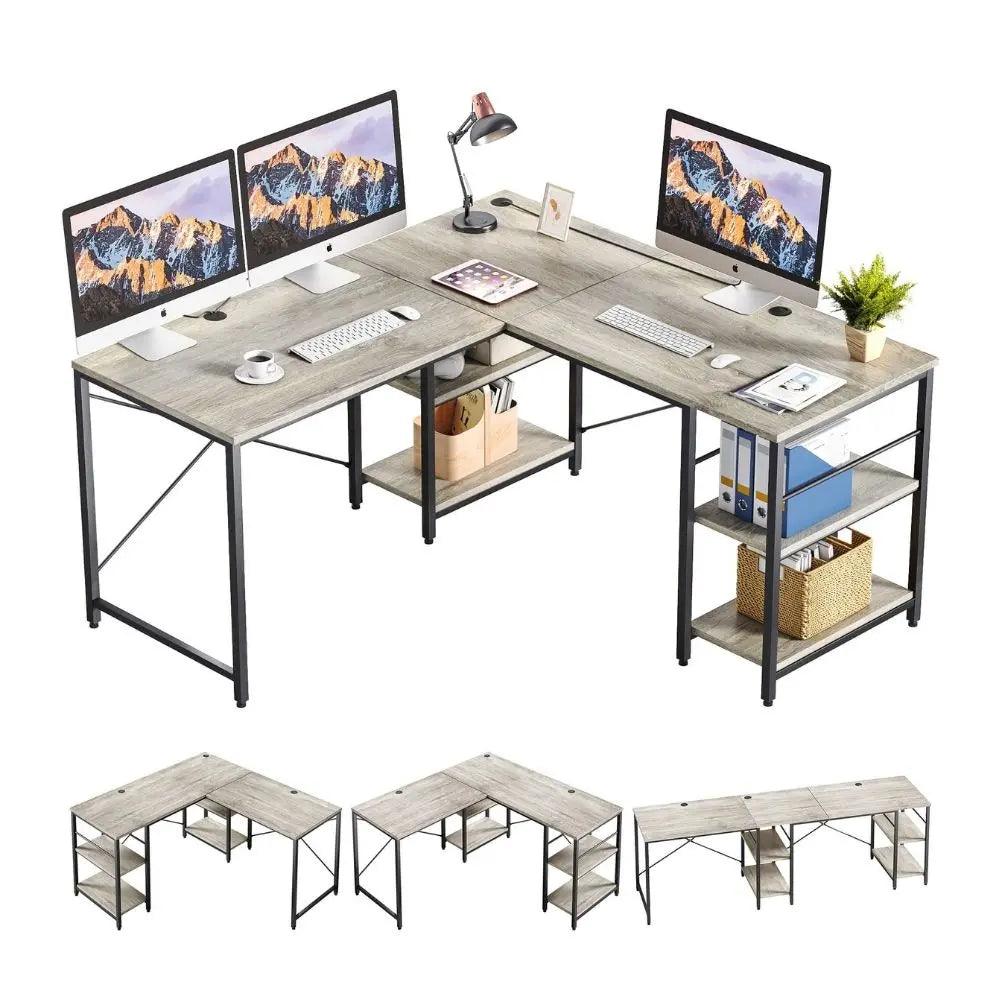 95.2 Inch Two Person L Shaped Reversible Computer Desk of Vintage Light Grey- Bestier - Desk
