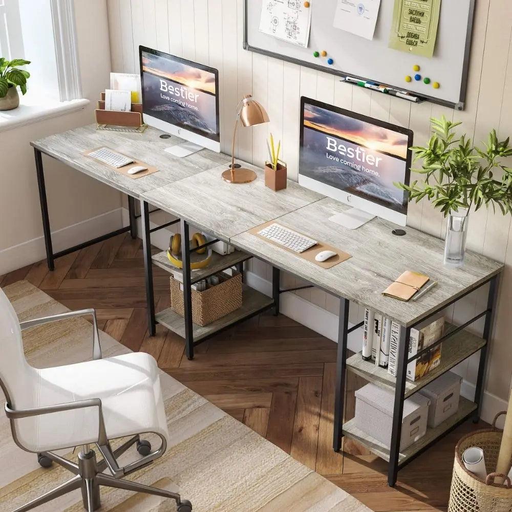 Bestier 95.2'' Two Person L Shaped Desk of Vintage Dark Grey with Shelves
