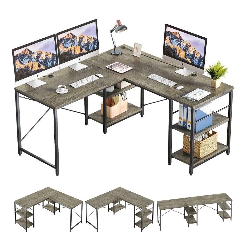 Bestier 95.2'' Two Person L Shaped Desk of Vintage Dark Grey with Shelves