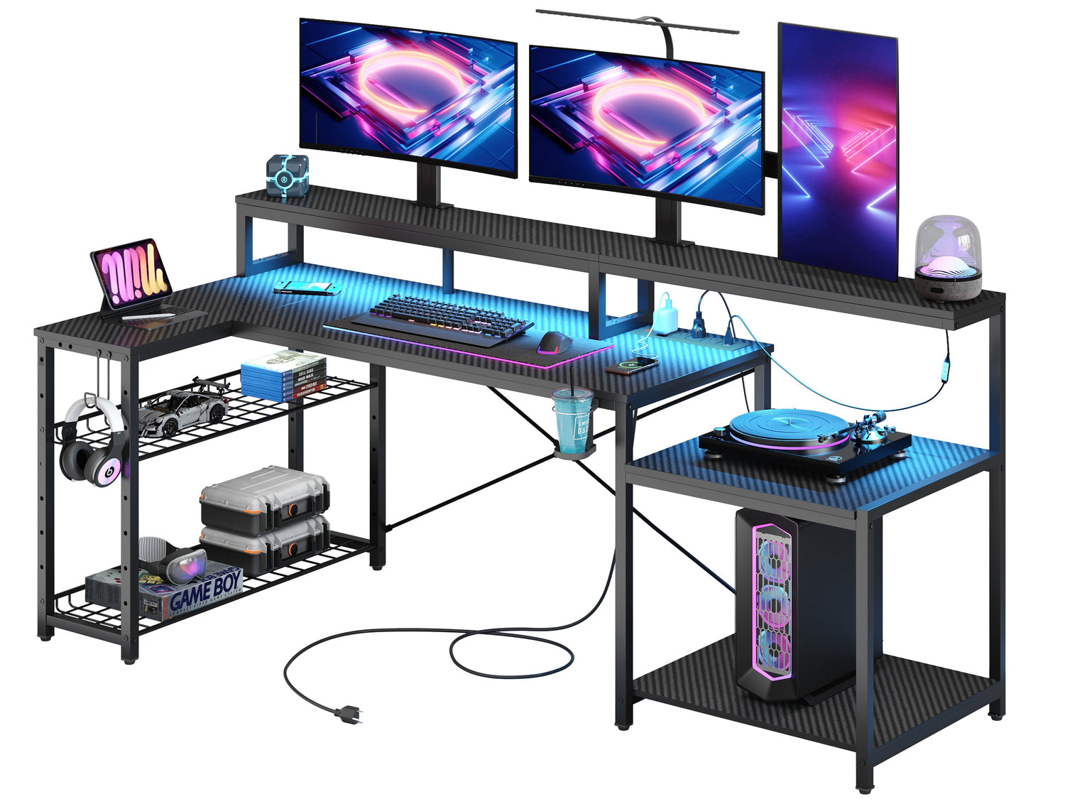 Carbon fiber L-shaped gaming desk with monitor stand and LED lights supporting a triple monitor setup for immersive gaming.