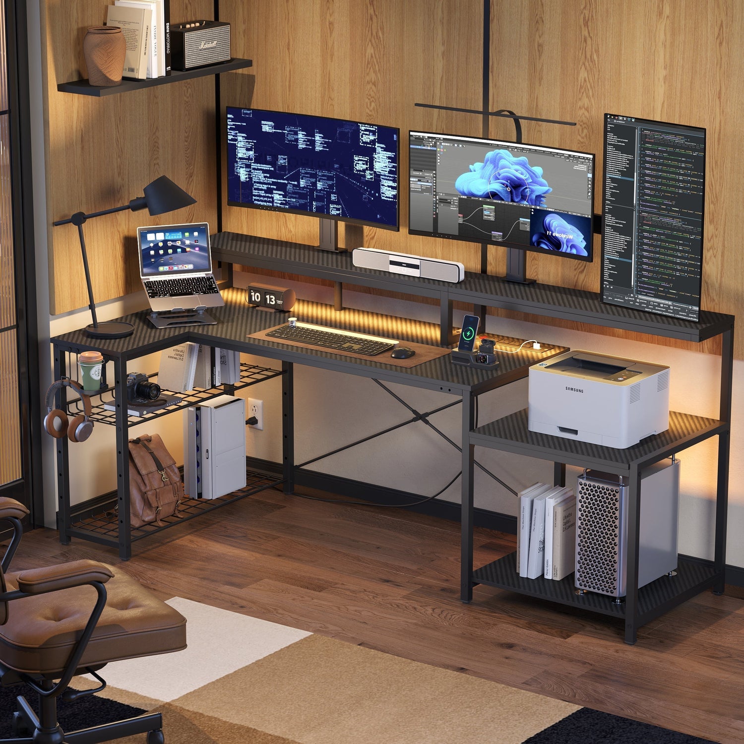 A modern industrial L-shaped desk transforms a home office corner into a productive workspace with multiple monitors and storage.