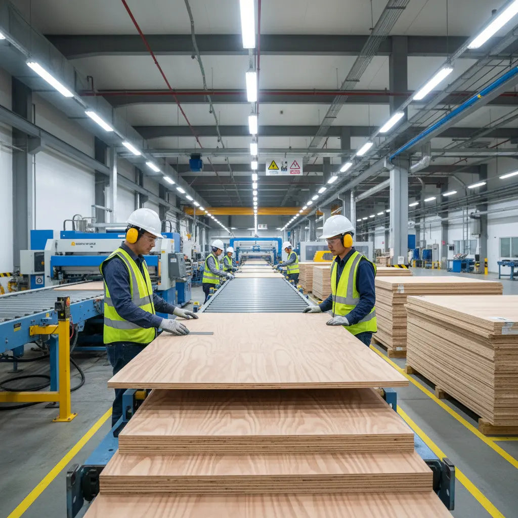 Modern engineered wood manufacturing facility with safety equipment and quality control inspection in progress