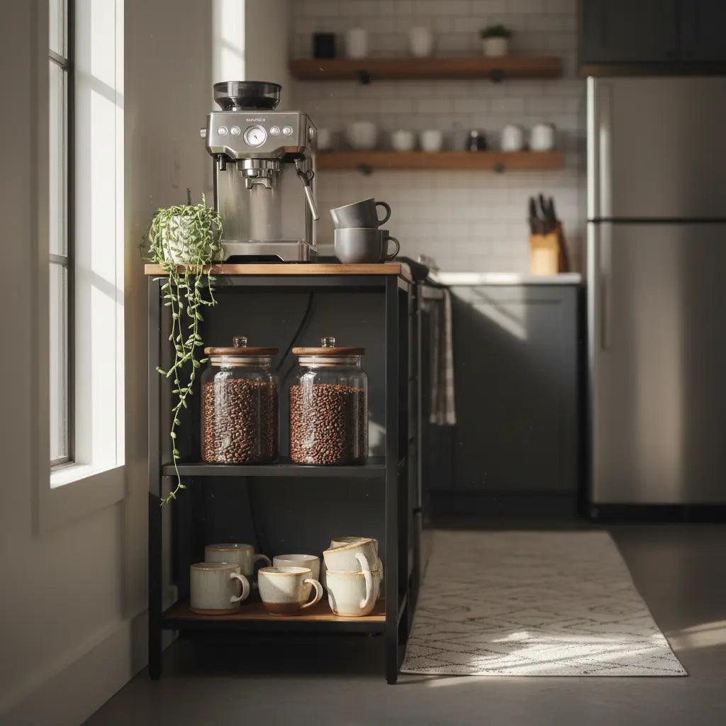 A stylish coffee bar setup on a black metal bakers rack in a small modern kitchen with morning light streaming through a nearby window