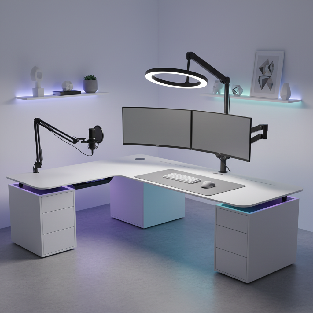 A modern professional streamer studio featuring a sleek L-shaped desk with integrated cable management, professional lighting setup, microphone arm, dual monitors, and clean minimalist aesthetic