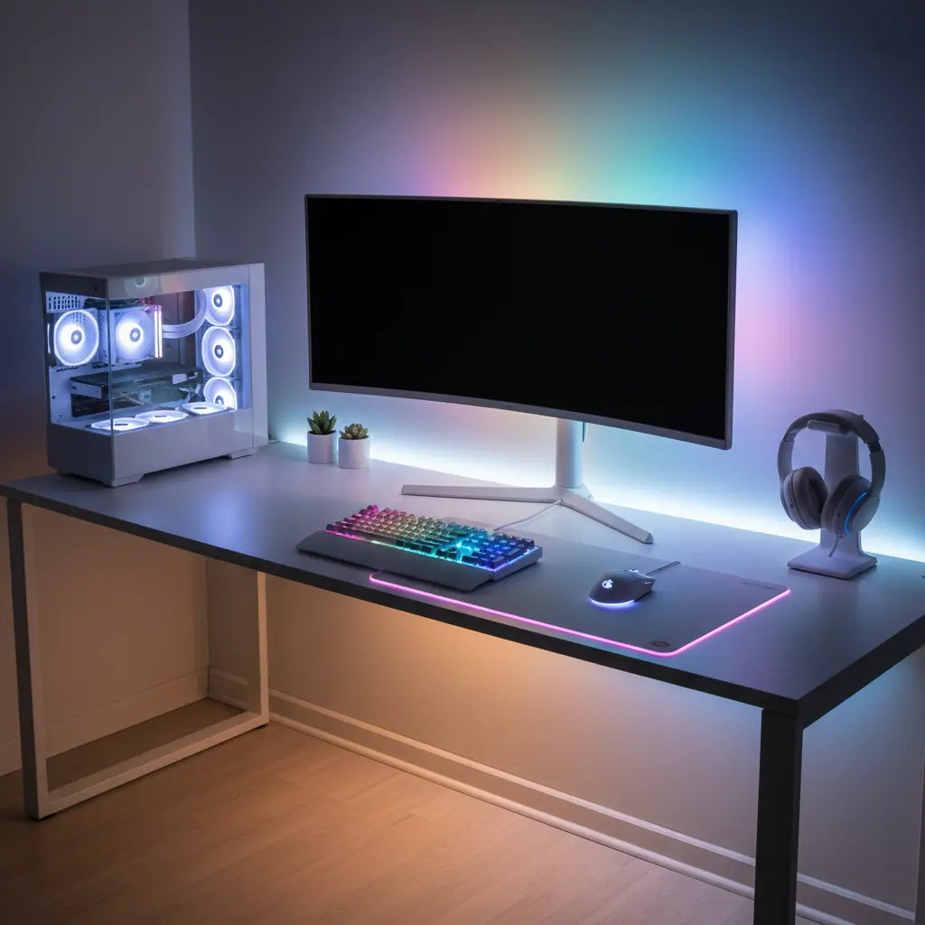 High-end clean LED gaming desk setup, dopamine desk aesthetic, RGB lighting, minimalist, no visible wires, professional photography, 8k resolution