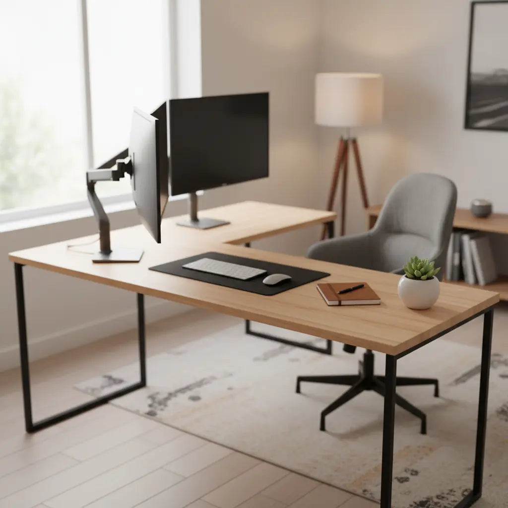 Modern L-shaped desk setup with dual monitors in a well-lit home office, showing organized workspace with natural lighting