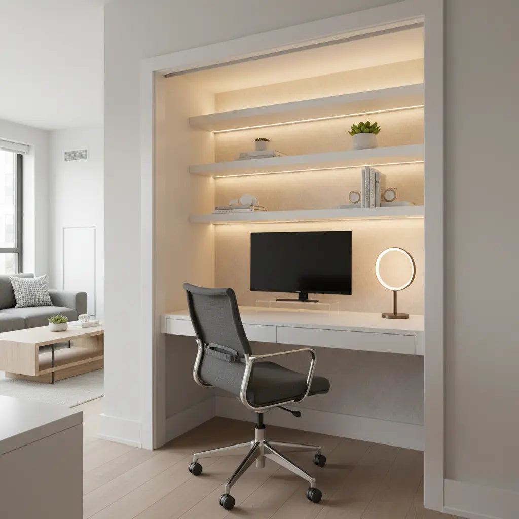 A modern and organized closet office (cloffice) setup in a small urban apartment, featuring a compact desk, ergonomic chair, and stylish shelving.