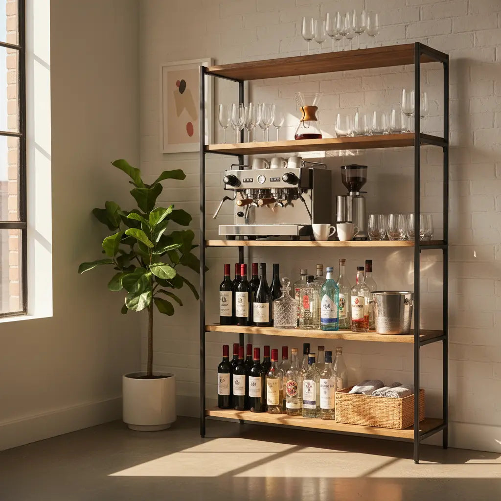 A stylish bakers rack serving as a dual coffee/cocktail station in a modern urban apartment with morning lighting