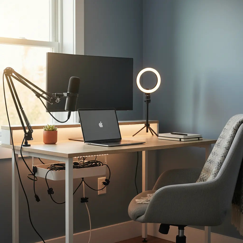 Aesthetic TikTok creator desk setup in a small bedroom with LED lighting, ring light, and minimalistic organization