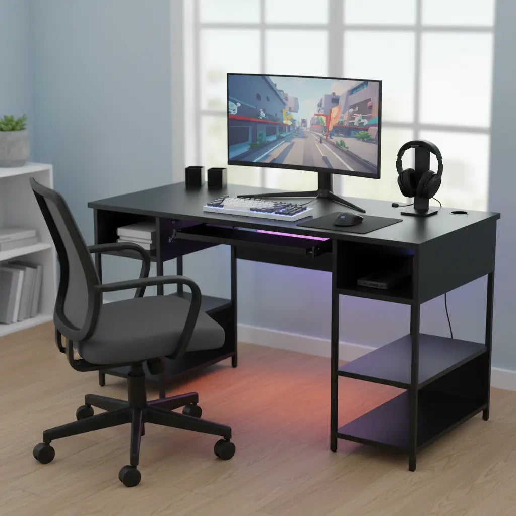A complete budget gaming setup featuring a modern gaming desk with RGB LED lighting, gaming peripherals, and a clean room environment