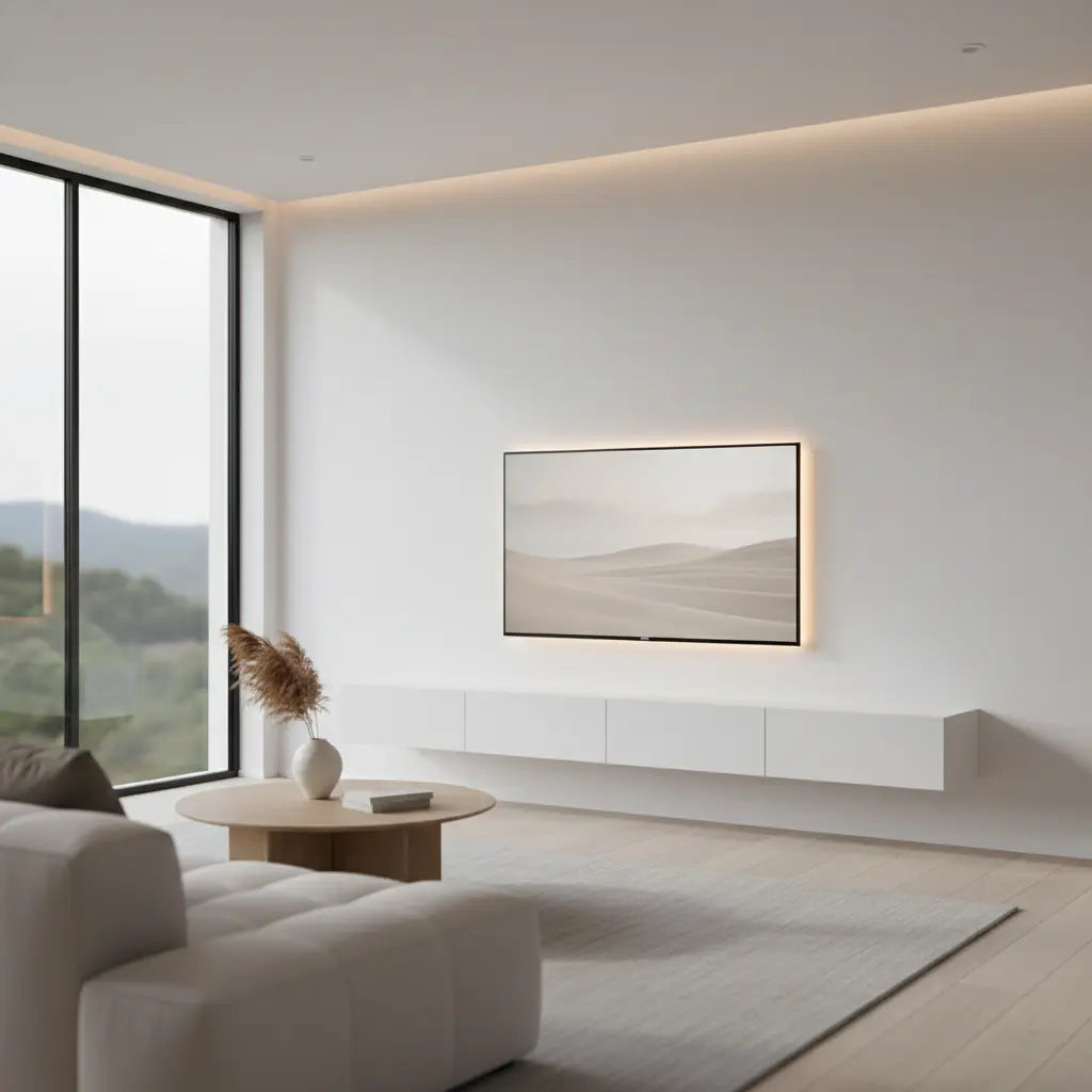 A modern minimalist living room with a sleek floating TV console mounted on a clean wall, featuring subtle LED backlighting that creates a soft glow behind the television