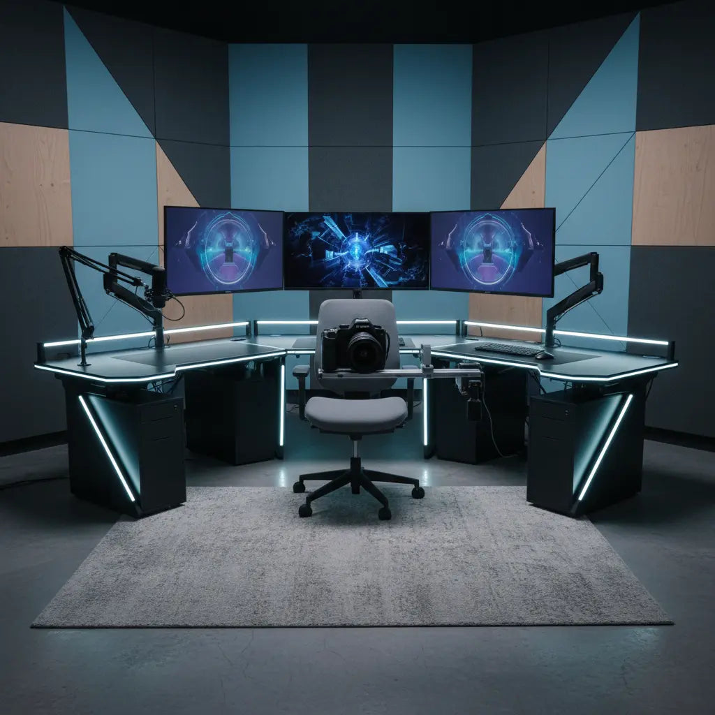 A professional creator studio featuring a modular L-shaped desk with multiple monitors and integrated lighting.
