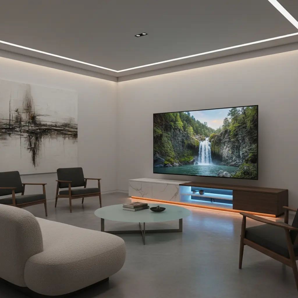 A 75-inch flat-screen television mounted on a sleek modern LED TV stand in a contemporary living room with minimalist decor and ambient lighting