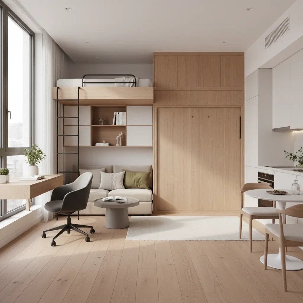 A well-organized small urban studio apartment showing clear functional zones for sleeping, working, and living areas with modern modular furniture and smart storage solutions