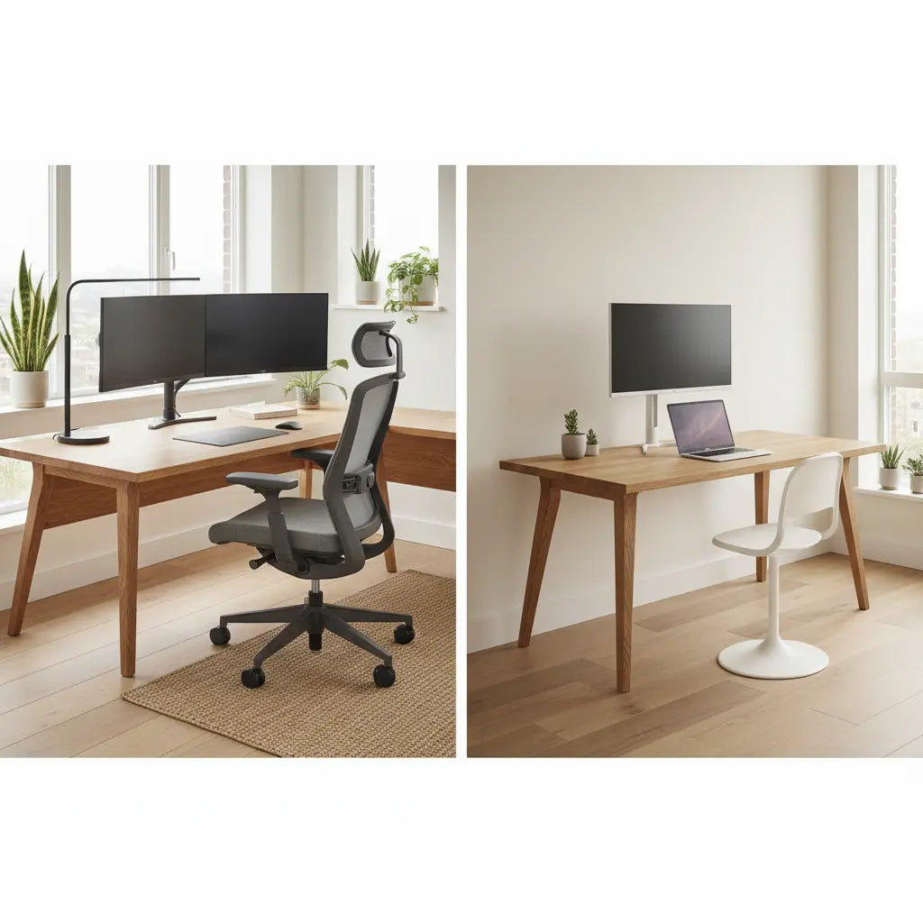 Split-view comparison showing a modern L-shaped desk on the left and a straight desk on the right in a contemporary home office setting with natural lighting