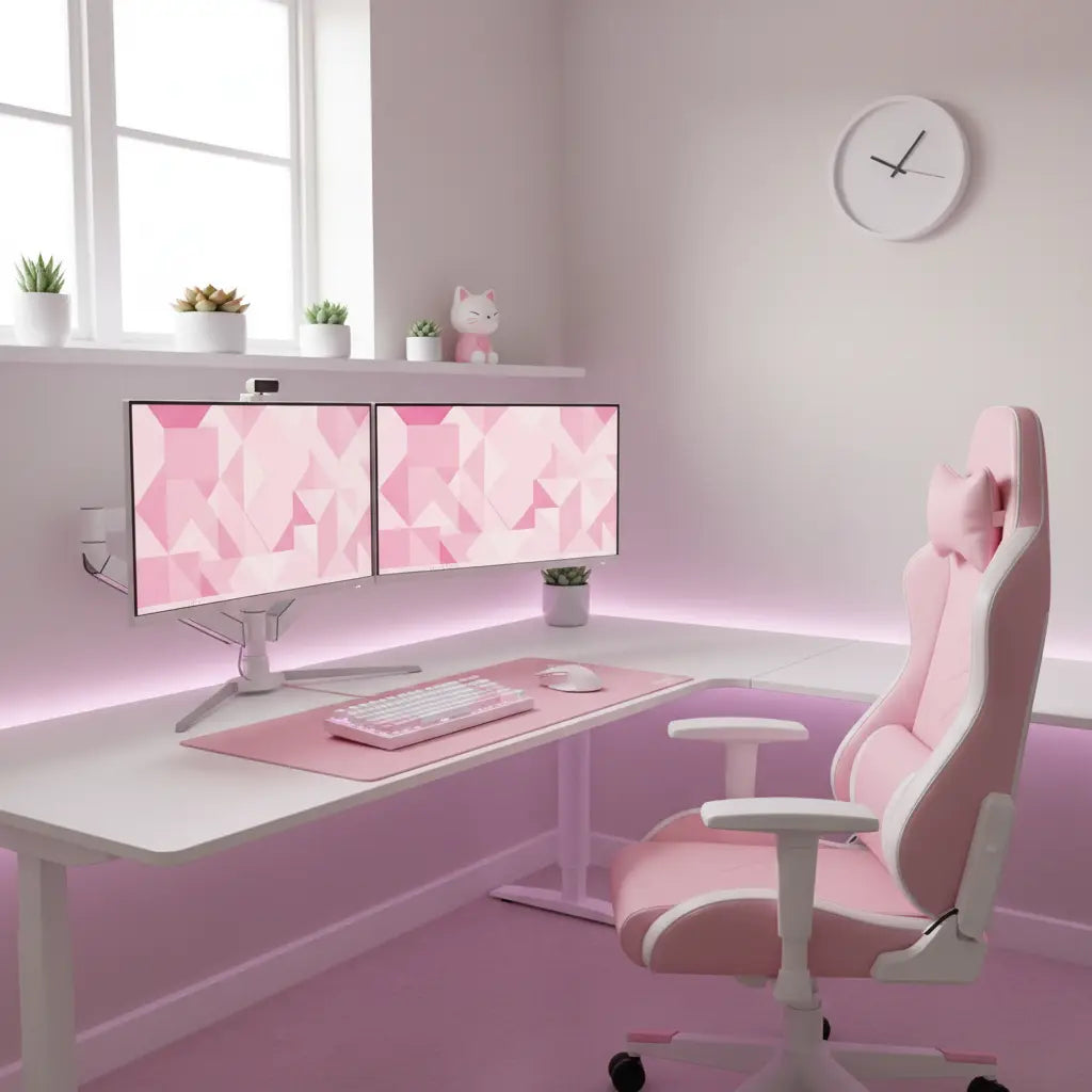 A wide-angle view of a complete pink and white gaming setup featuring a white L-shaped desk, a pink ergonomic chair, dual monitors with pink wallpapers, and soft pink RGB lighting in a bright, modern room.