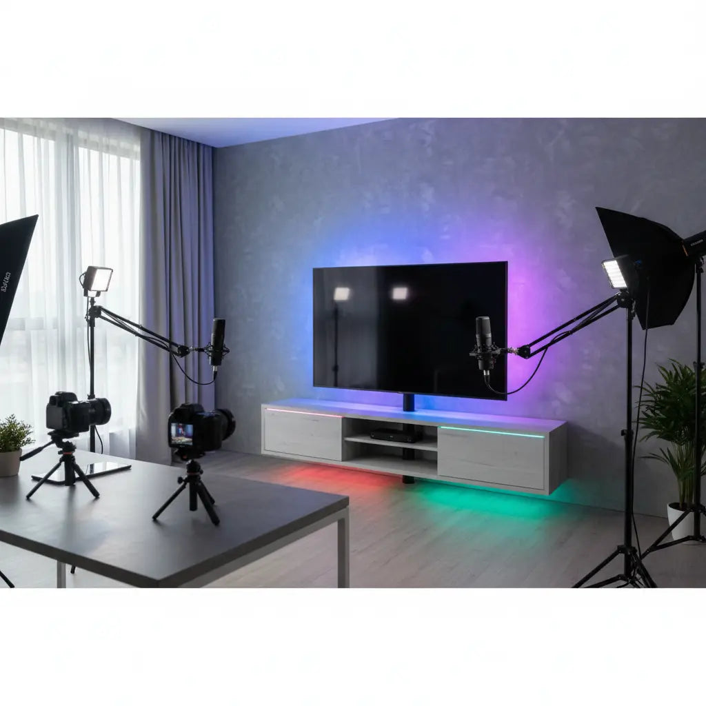 Professional YouTube studio setup featuring a sleek TV stand with integrated LED lighting creating a vibrant backdrop for video production