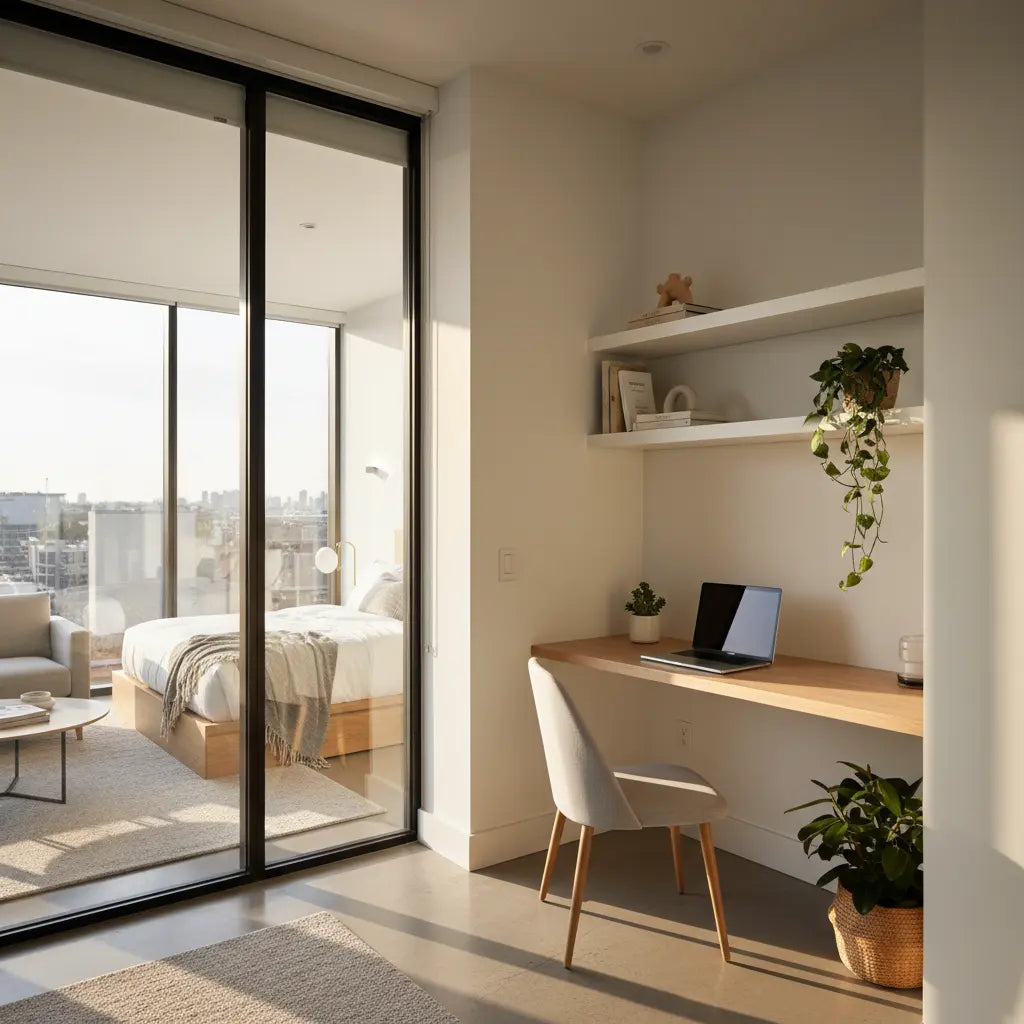A modern sunlit studio apartment showing a compact corner desk setup seamlessly integrated into the living space, with natural light streaming through large windows