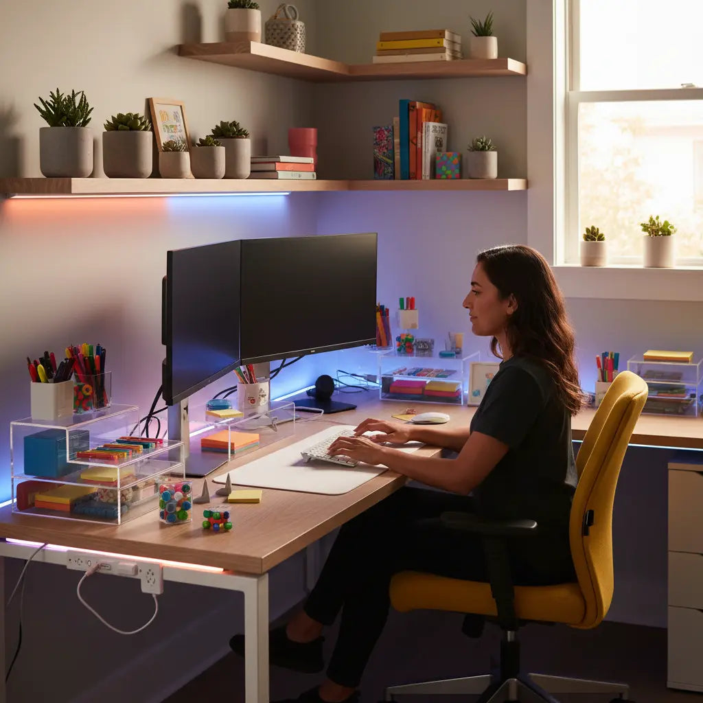 A vibrant, organized L-shaped desk setup with integrated LED lighting, featuring a person focused on work in a modern home office