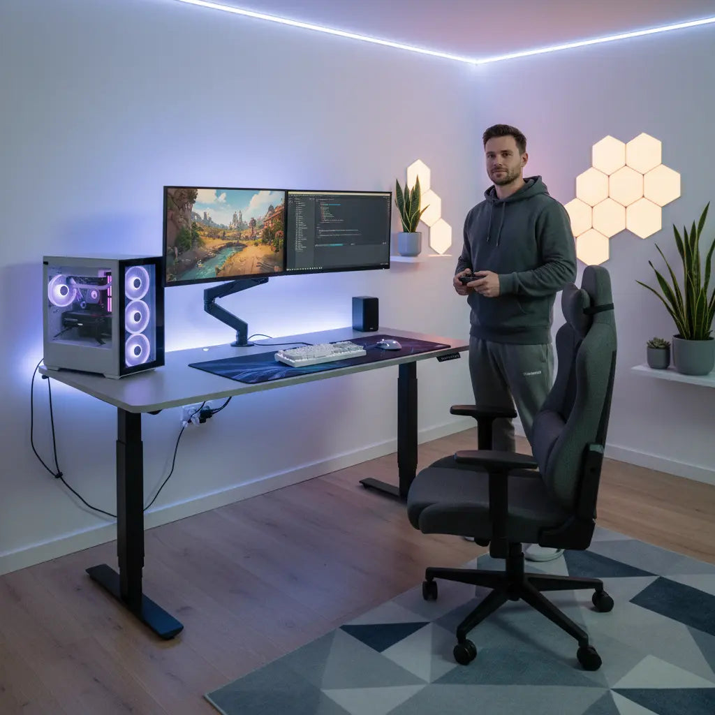A modern gaming setup with a budget-friendly adjustable height desk in a well-lit room.