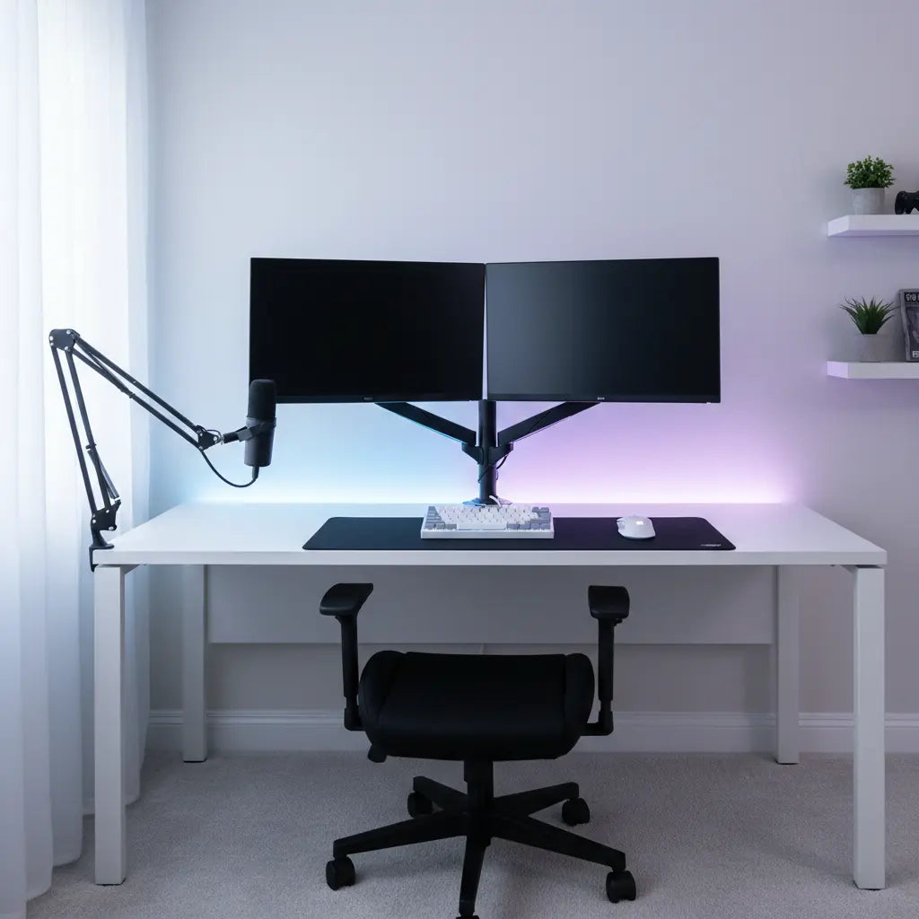 A complete budget-friendly gaming and streaming setup featuring an L-shaped desk, dual monitors, and subtle LED lighting in a clean, modern room.