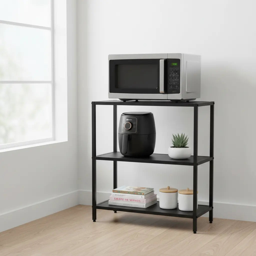Modern black metal bakers rack in a small kitchen with microwave on top shelf and air fryer on middle shelf, organized with kitchen essentials in a bright, clean space