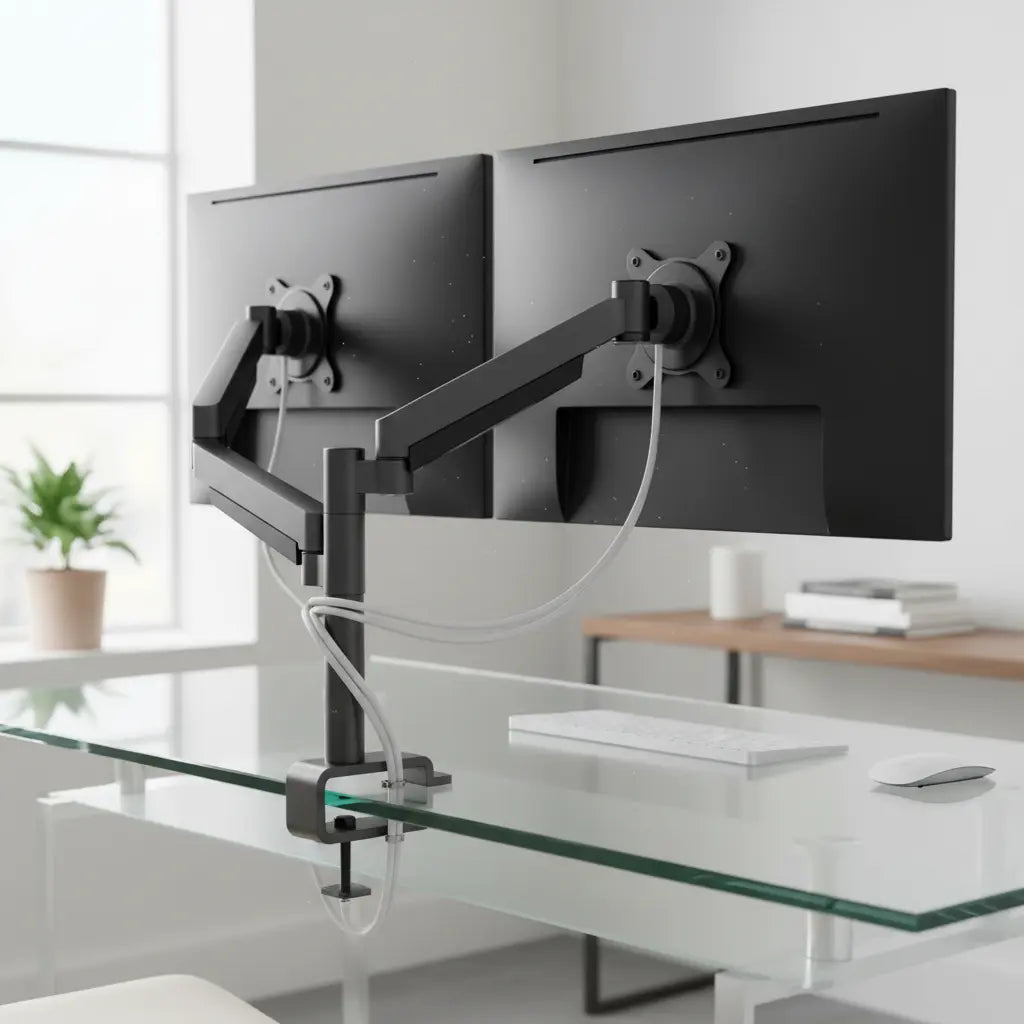 A clean, modern glass desk setup with a dual monitor arm securely mounted, showing a professional home office environment