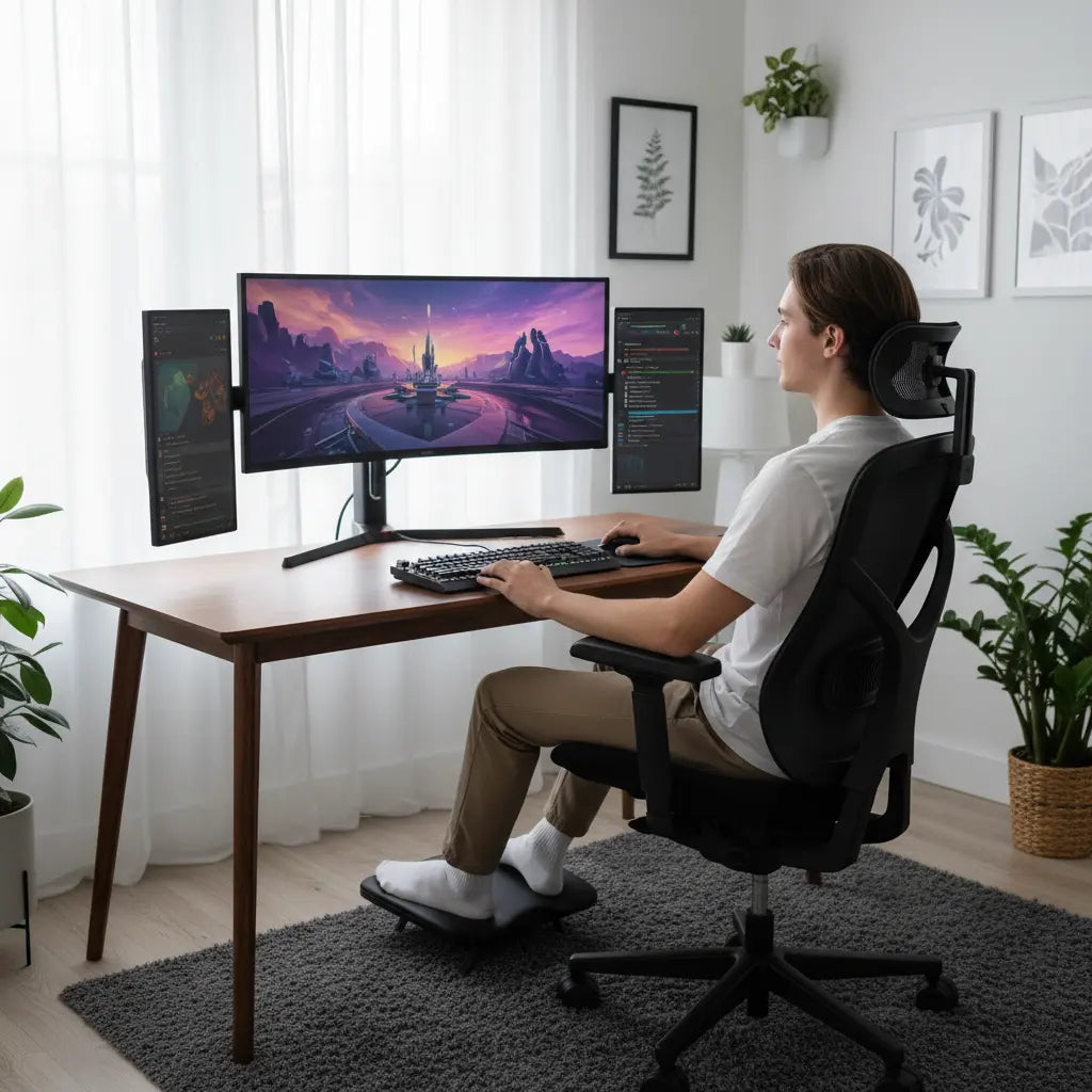 Modern gaming setup showing ergonomic alignment: person sitting at desk with elbows at 90-degree angle, monitor at eye level, proper posture
