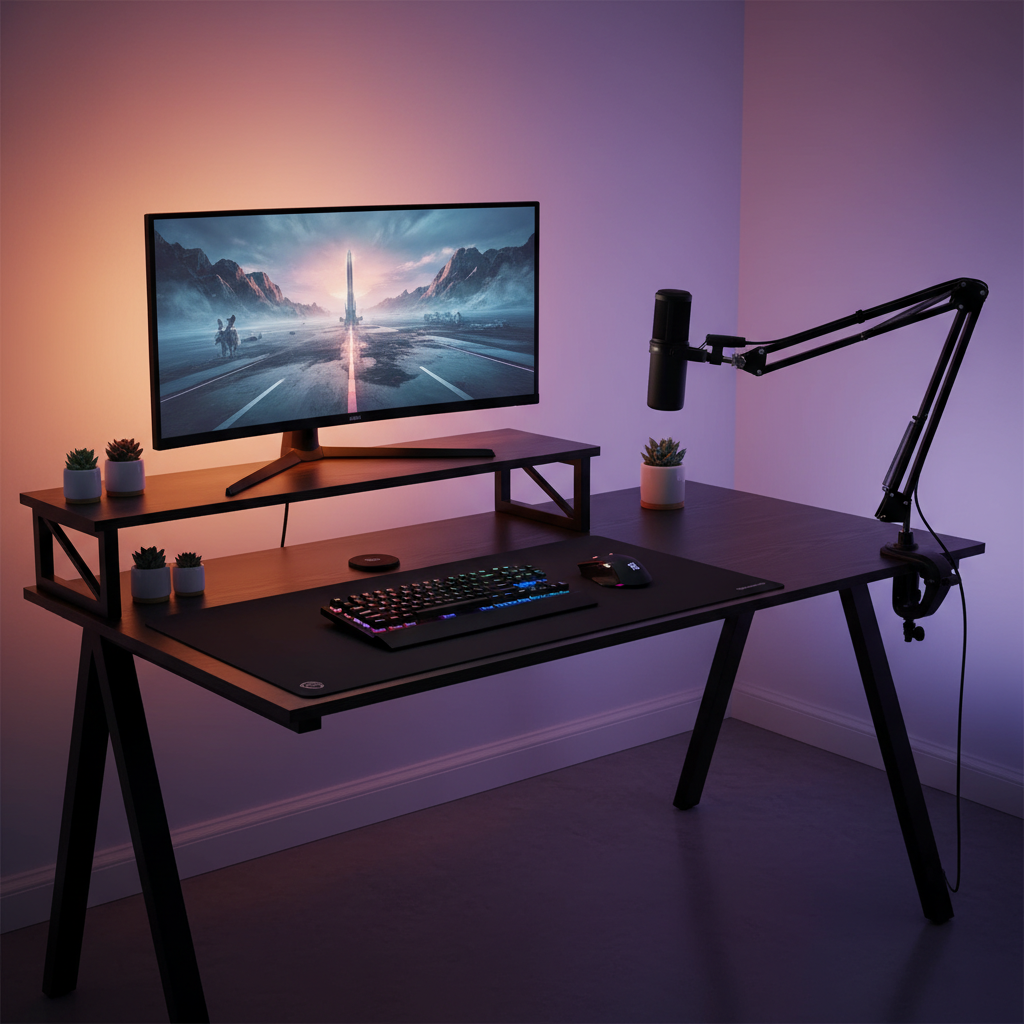 Professional gaming setup with L-shaped desk, monitor riser, and boom arm mounted correctly