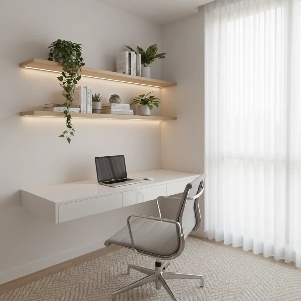 Modern small space home office with minimalist design featuring a floating desk, ergonomic chair, wall-mounted shelves, and natural lighting