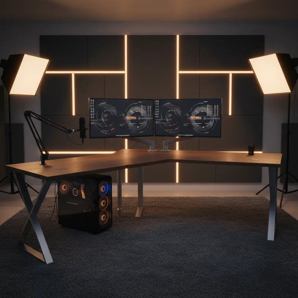 An aspirational, professional creator studio setup showing a clean, organized workspace with an L-shaped desk, dual monitors, studio lighting, and acoustic panels.