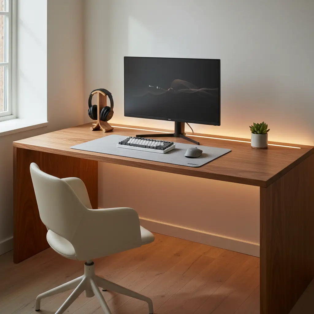 A complete Scandi-gaming desk setup featuring a minimalist walnut desk with integrated warm white LED lighting, gaming equipment, and a small succulent plant