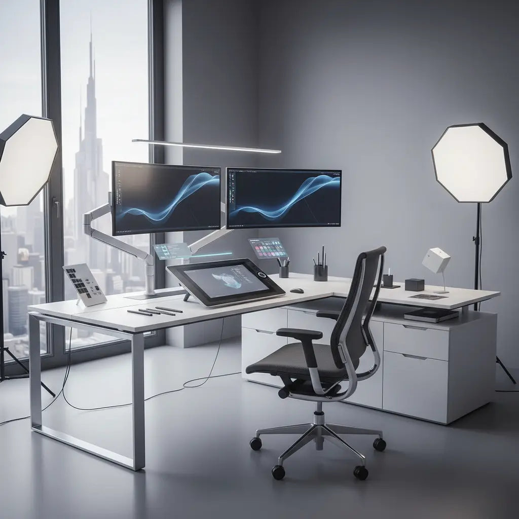 Modern digital artist workspace with L-shaped desk featuring high-end drawing tablet, dual monitors, and ergonomic chair in a clean, professional studio setting