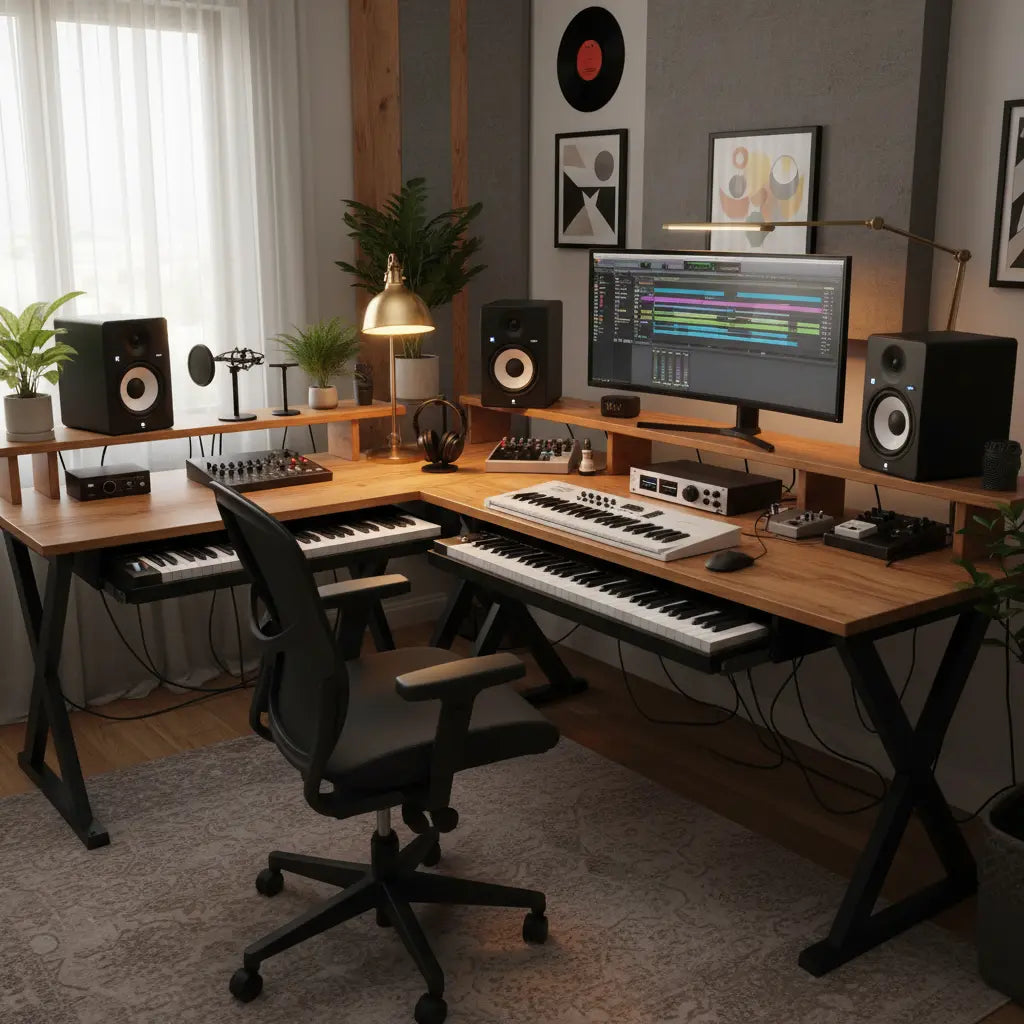 Professional home music studio with L-shaped desk setup featuring studio monitors, MIDI keyboard, audio interface, and warm ambient lighting
