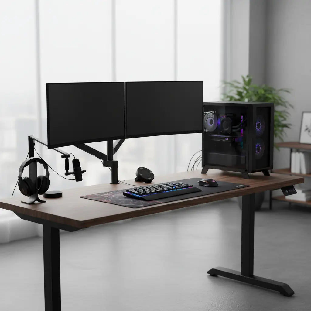 A heavy-duty gaming desk setup with dual monitors, gaming PC, and peripherals, demonstrating excellent stability and weight capacity