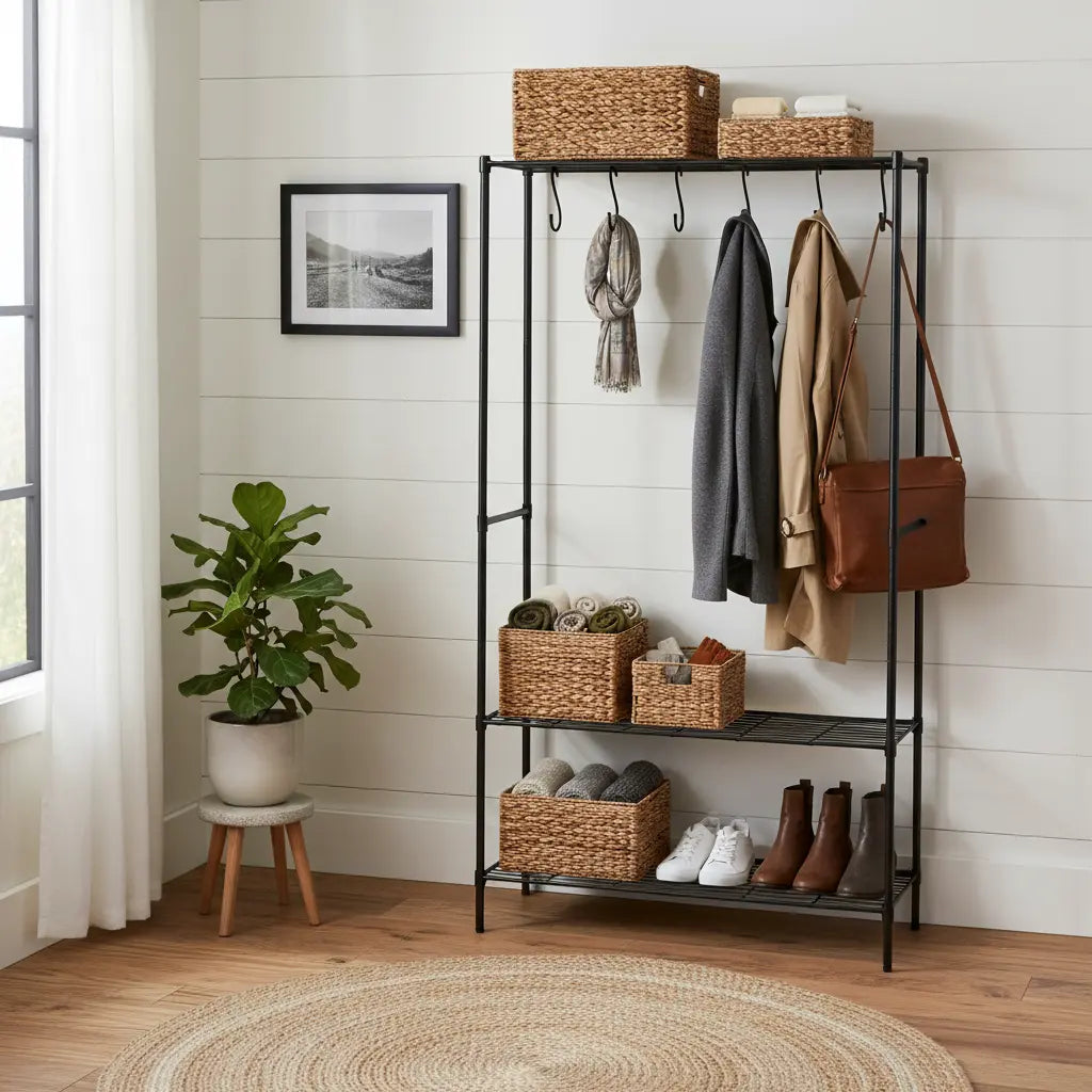 A stylish small entryway with a metal bakers rack repurposed as a mudroom organization station, featuring baskets, hooks, and shoe storage in a bright, welcoming space