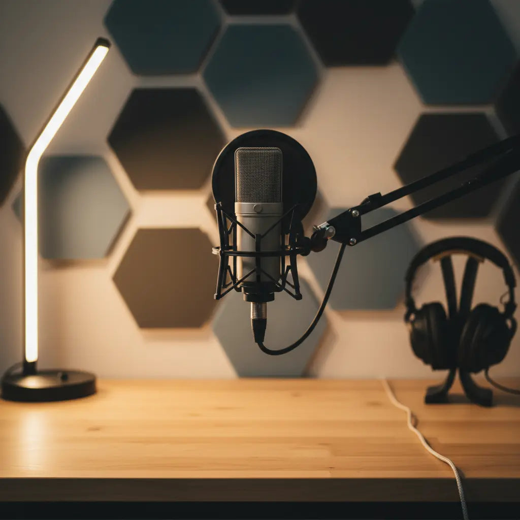 Professional ASMR content creation setup featuring a modern desk with a high-quality microphone, acoustic foam panels on the wall, and soft ambient lighting