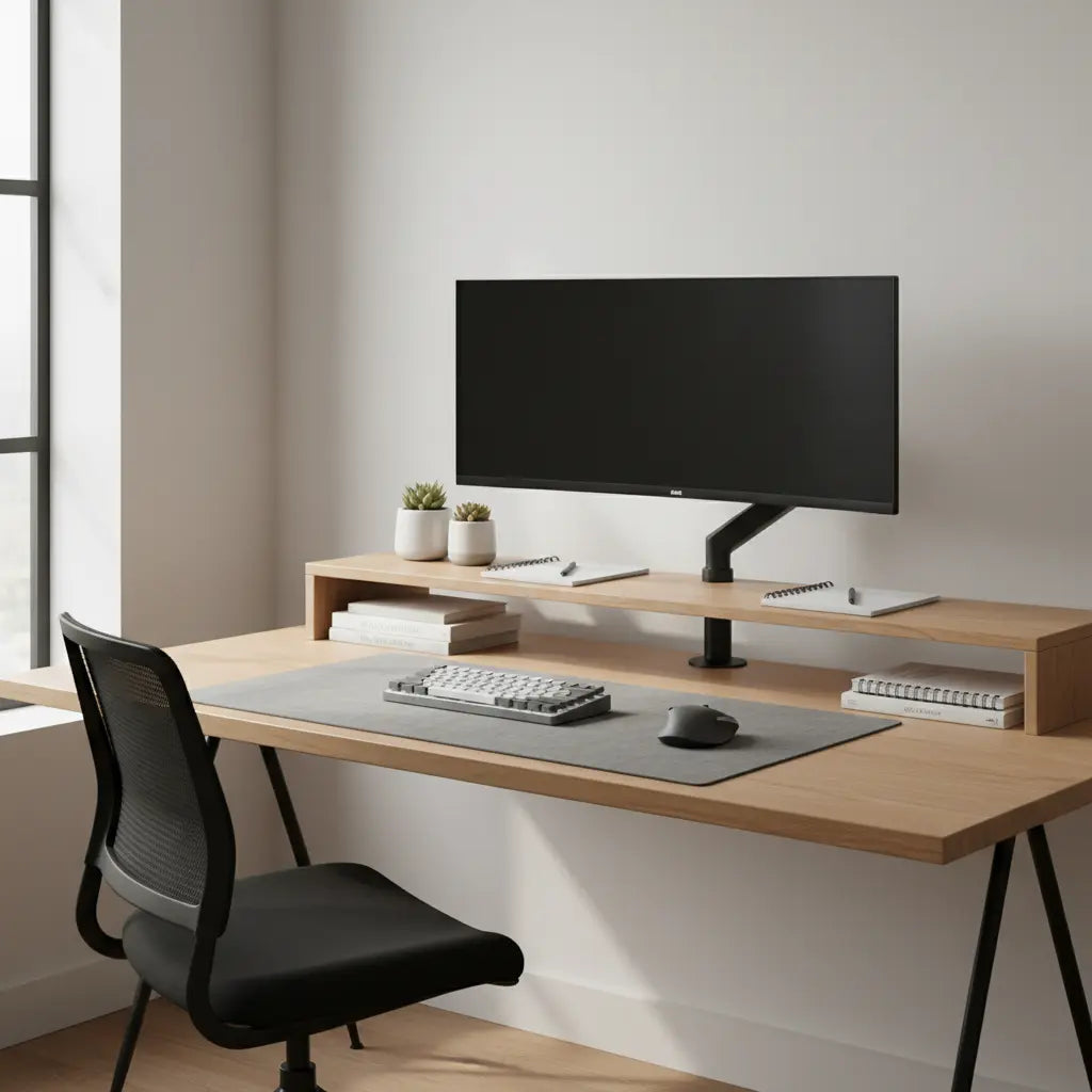 Modern minimalist home office setup featuring both a desk shelf and a monitor arm in a clean, organized workspace