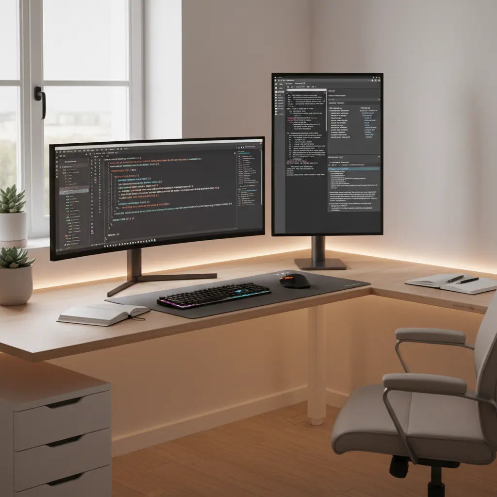 Professional developer workspace featuring an L-shaped desk with one horizontal monitor for coding and one vertical monitor for documentation, with subtle LED lighting and clean minimalist aesthetic