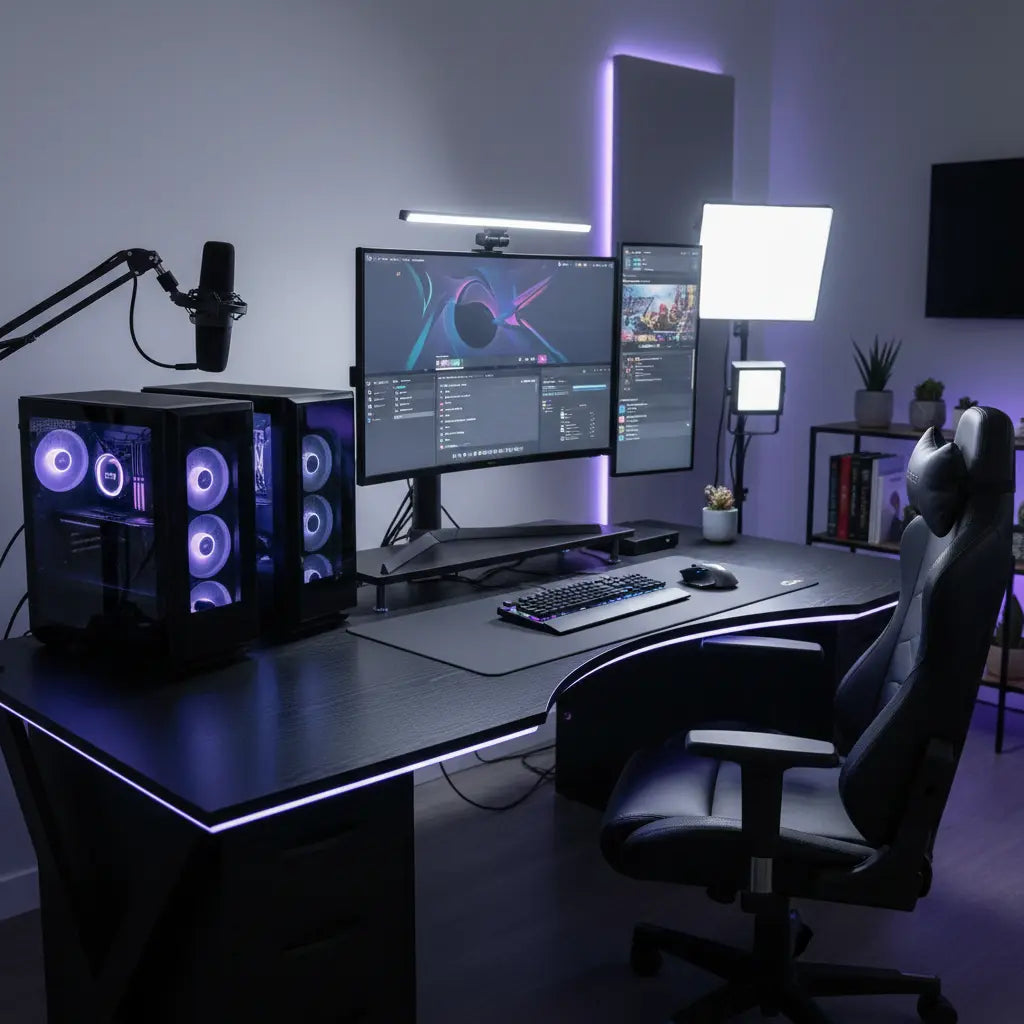 Professional multi-PC streaming setup featuring two computers on a high-end gaming desk with multiple monitors, microphone, and studio lighting