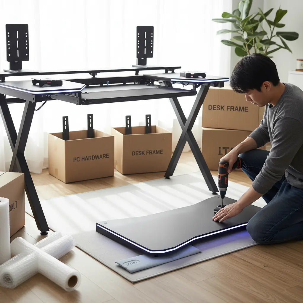 A person disassembling a modern gaming desk with LED lighting using an electric screwdriver, with organized tools and packing boxes nearby for moving preparation