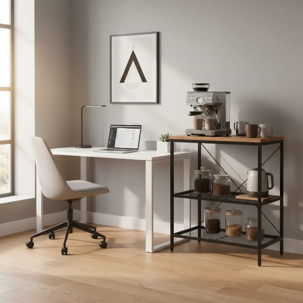 Modern home office with stylish bakers rack coffee station featuring espresso machine, coffee accessories, and productive workspace