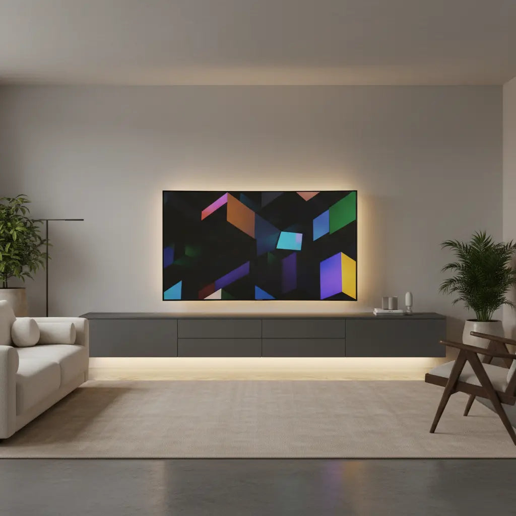 A contemporary living room featuring a large curved television mounted on a sleek, deep media console with integrated cable management