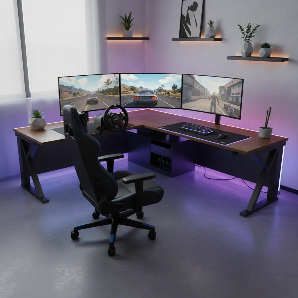 A modern home office featuring a high-end L-shaped desk setup with a racing wheel, triple monitors, and ambient LED lighting in a clean, organized room.