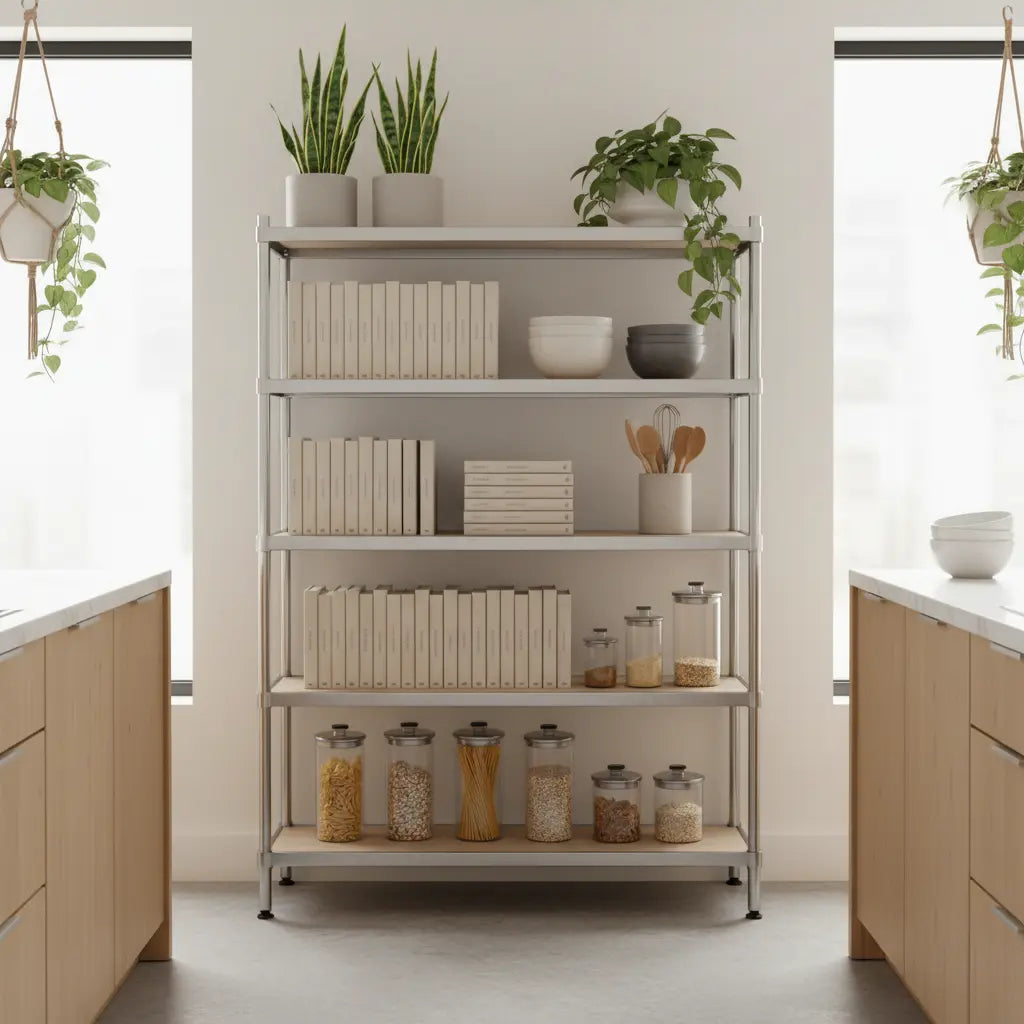 Modern stainless steel bakers rack in a bright kitchen, organized with cookbooks, ceramic bowls, and decorative plants