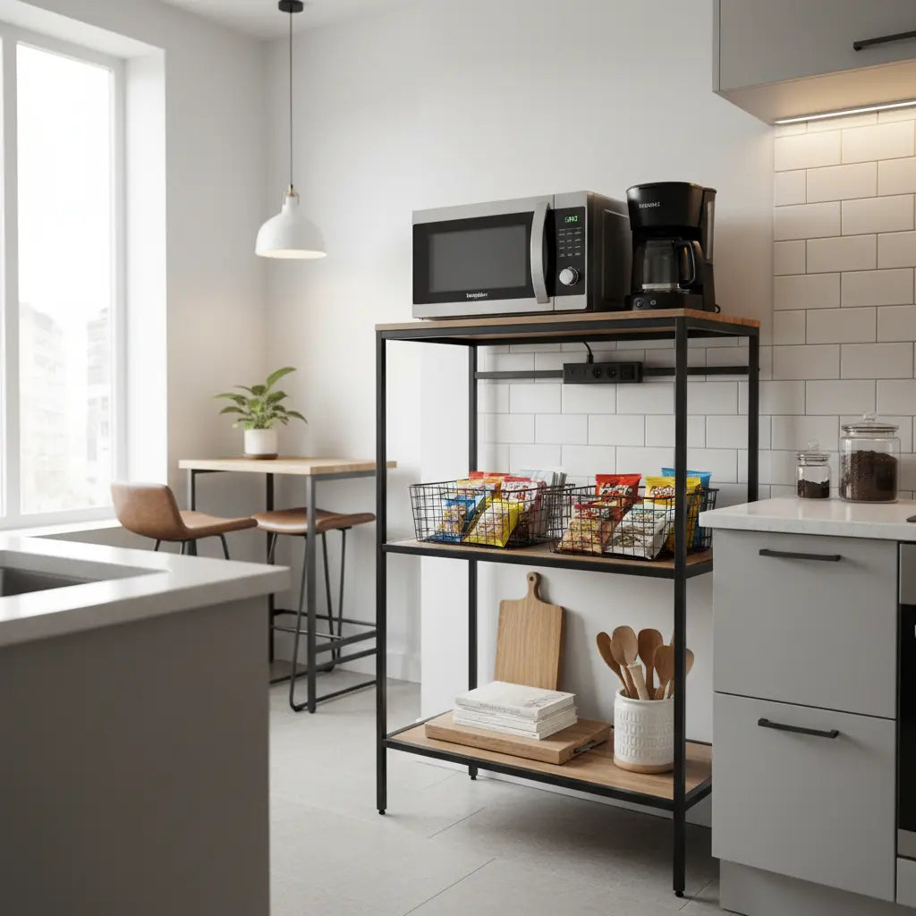 A bright modern small kitchen with a stylish baker's rack holding a microwave and coffee maker beside organized storage.