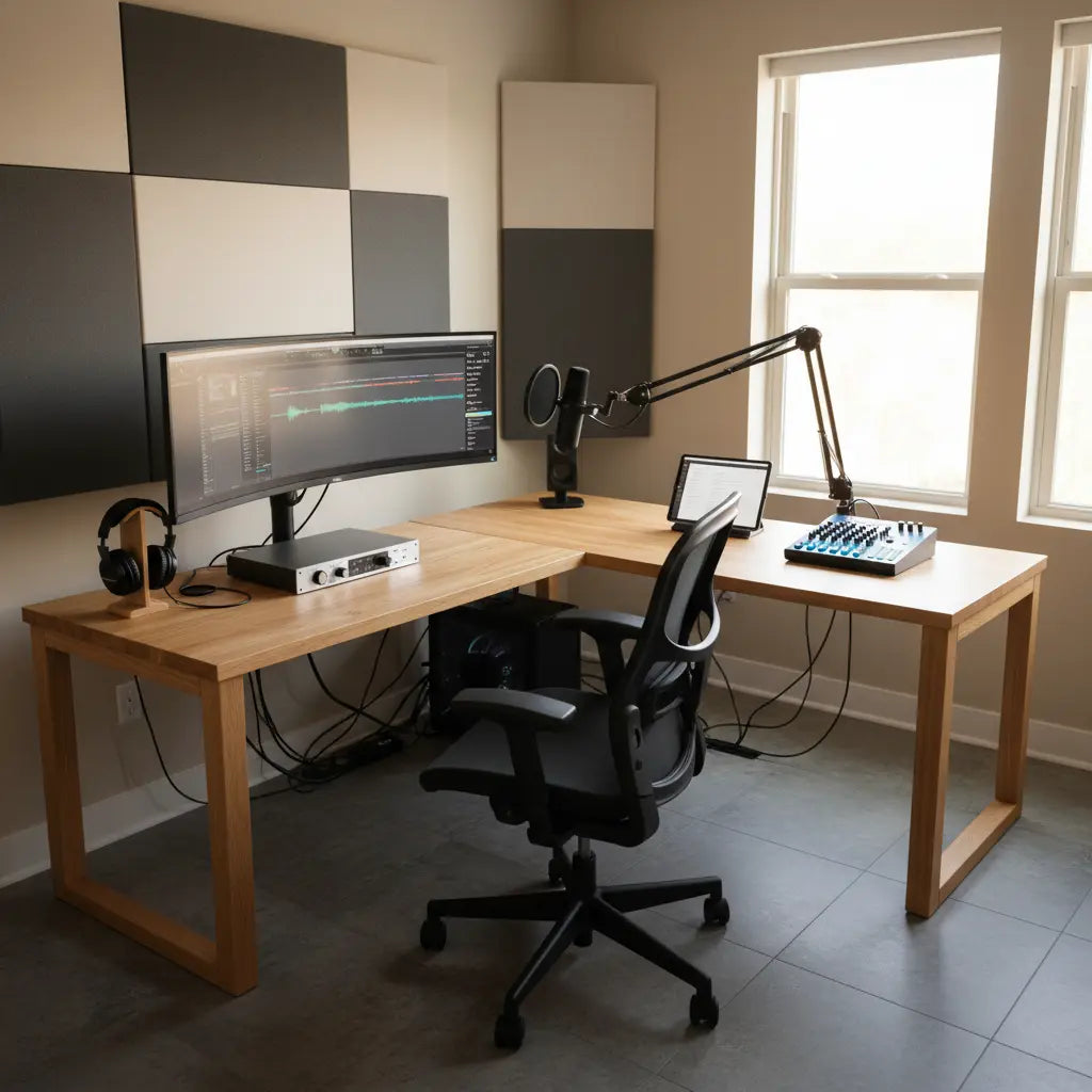 A professional home podcast studio arranged around an L-shaped desk with a microphone boom arm, audio interface, monitor, and organized equipment in a corner room.