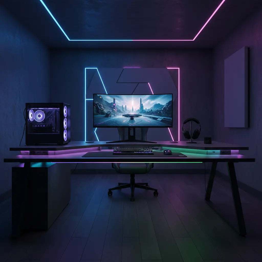 A modern L-shaped gaming desk setup in a dark room with RGB lighting, a gaming PC, monitor, keyboard, mouse, and headphones arranged neatly with minimal cable clutter.